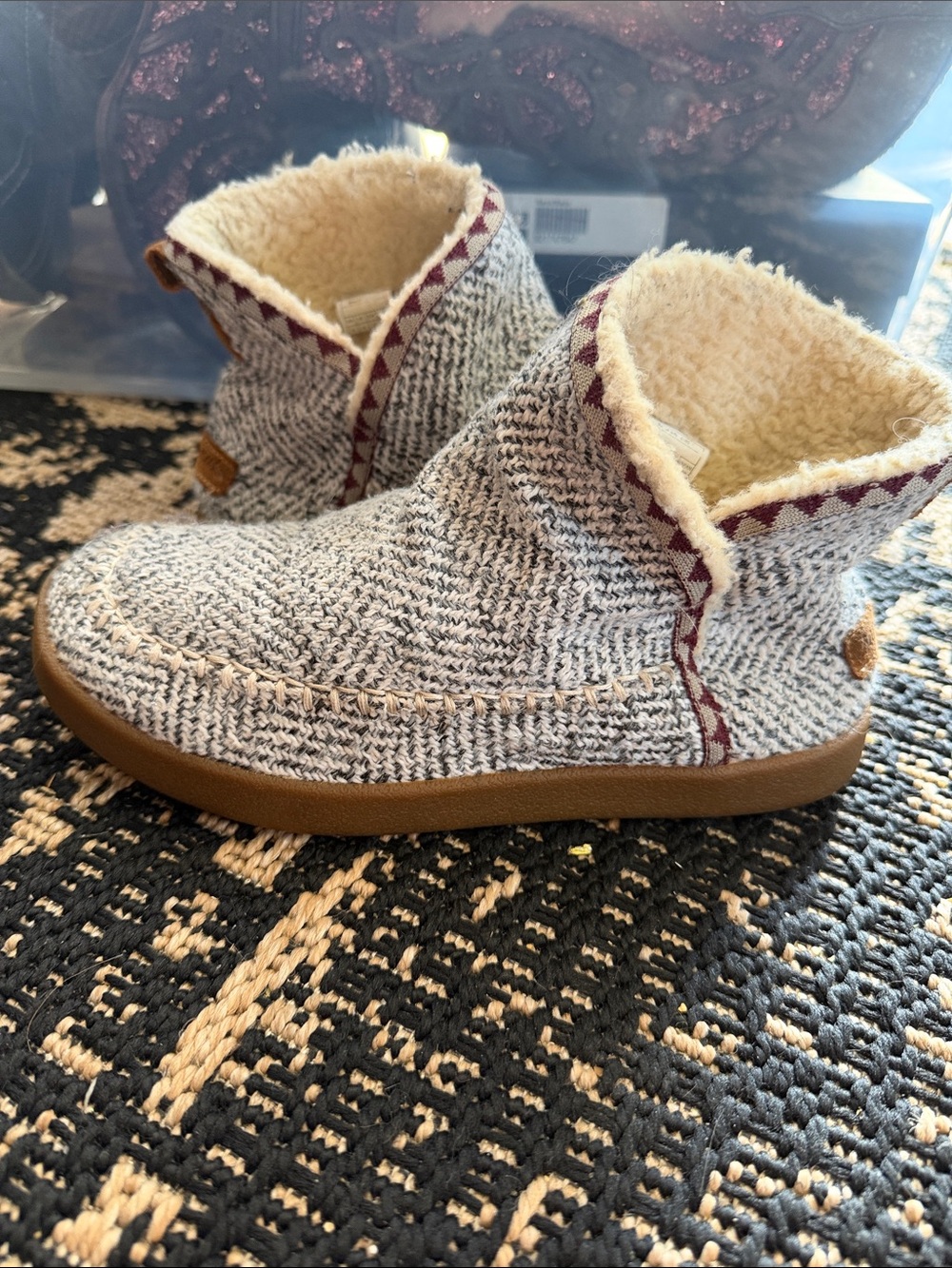 Sanuk Cream Knit Sherpa-Lined Slip-On Booties with Brown Sole